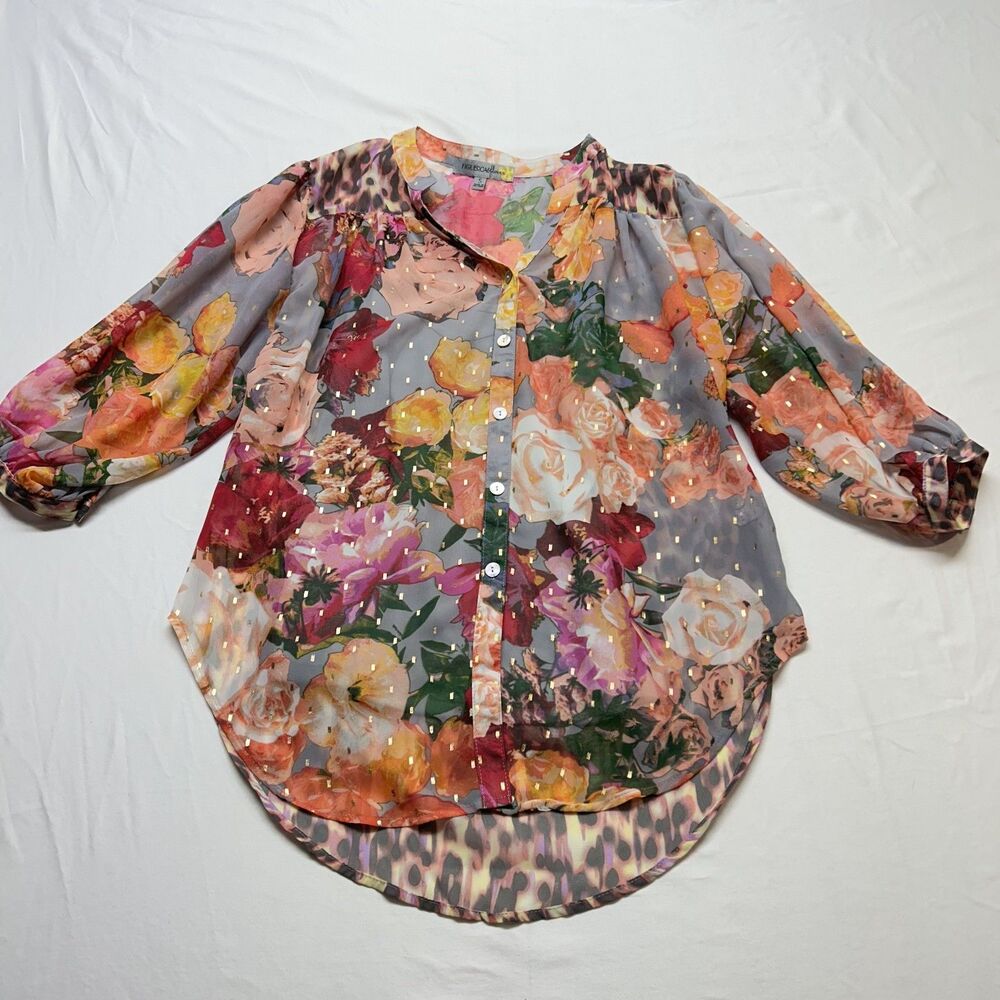 Figueroa & Flower Boho Eclectic Flowers and Cheetah 3/4 Sleeve Sz S